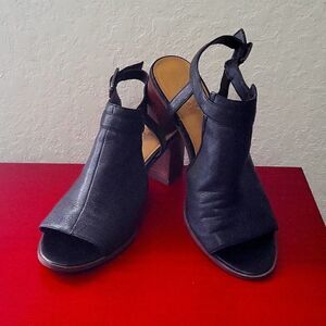 Franco Sarto Open Toe Mandi Block Heels Black Leather Shoes Women's 9.5 M